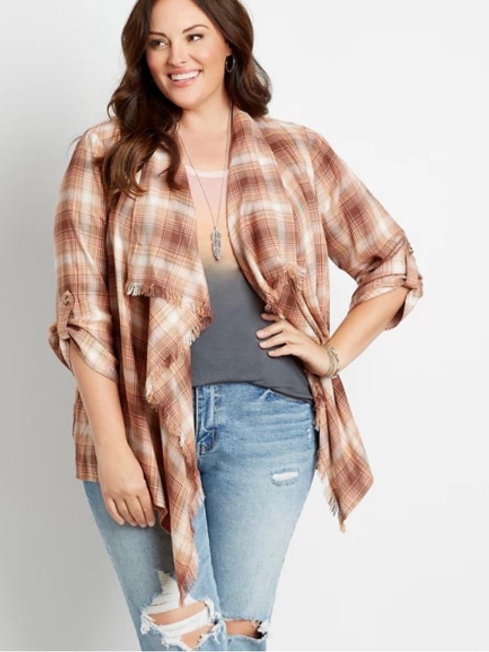 Maurice’s Plaid Open-Front Cascade Cardigan in Brown & Cream